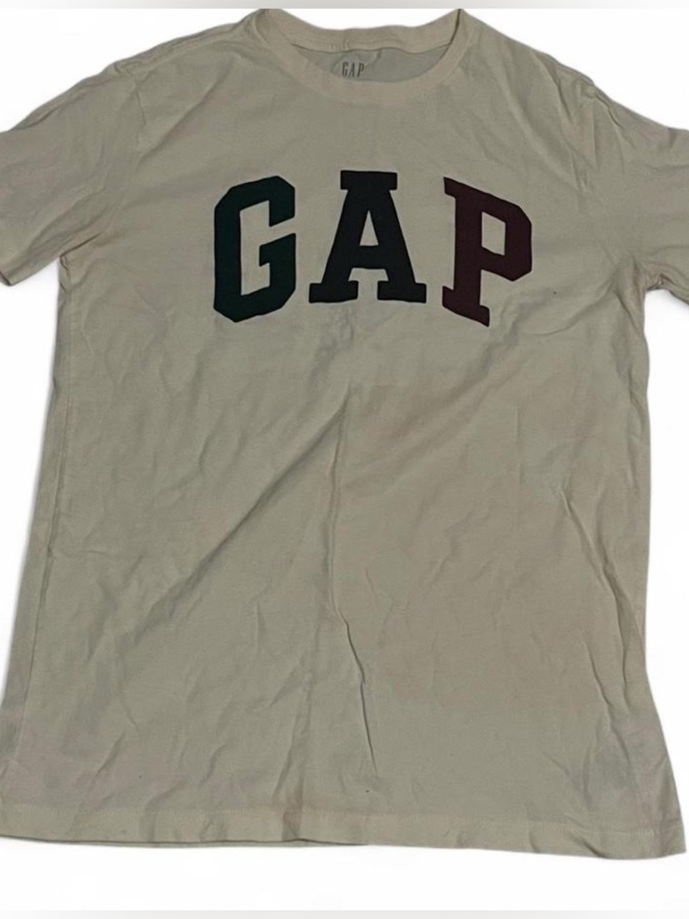 GAP Beige Tee with Green and Burgundy Lettering